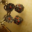 Vintage Chinese silver and coral etruscan fob earrings