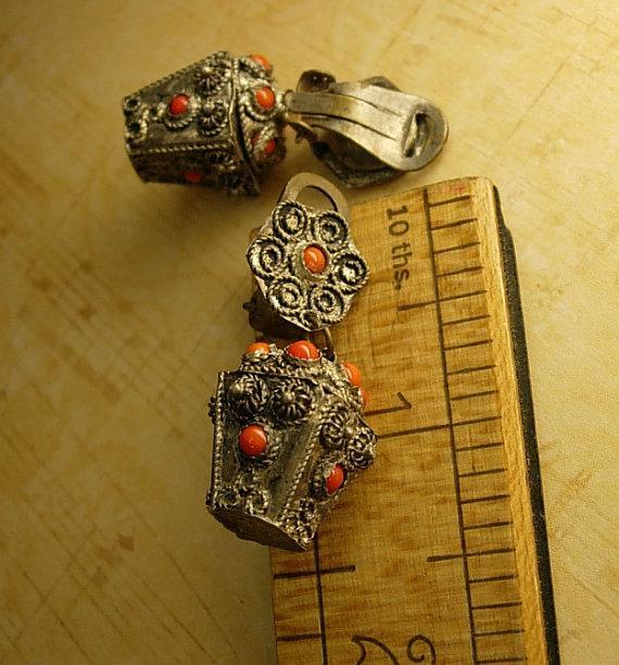 Vintage Chinese silver and coral etruscan fob earrings