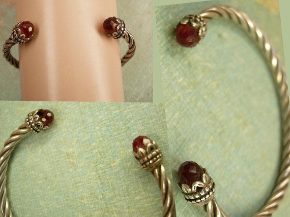 Vintage sterling garnet Byzantine bracelet rope cuff jeweled hallmarked