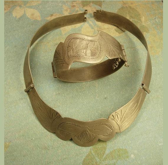 VIntage Indian Princess collar and bracelet set Etched metal necklace