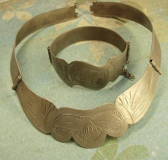 VIntage Indian Princess collar and bracelet set Etched metal necklace
