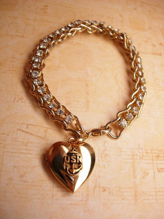 Vintage Military Sweetheart locket charm bracelet Rhinestone bracelet US Navy