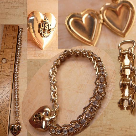 Vintage Military Sweetheart locket charm bracelet Rhinestone bracelet US Navy