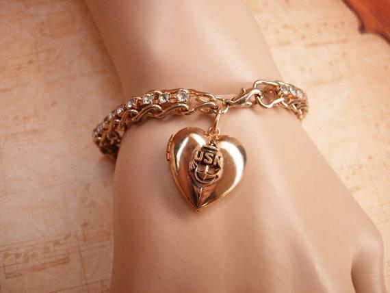 Vintage Military Sweetheart locket charm bracelet Rhinestone bracelet US Navy