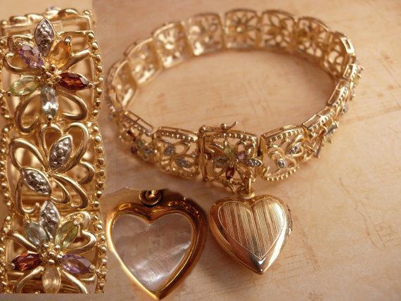 Vintage Deco Sweetheart locket fob bracelet Genuine gemstones amethyst citrine Peridot Blue Topaz