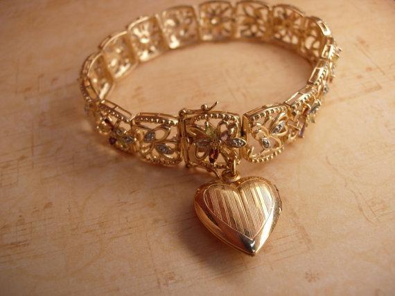 Vintage Deco Sweetheart locket fob bracelet Genuine gemstones amethyst citrine Peridot Blue Topaz