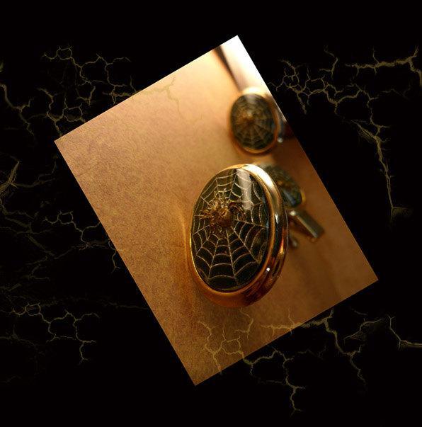 VIntage Spider Web Cufflinks with raised spiders Tie tack men's cufflink set
