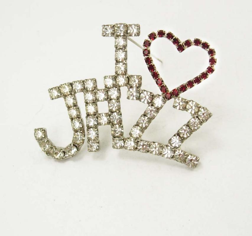 Vintage I LOVE Jazz Rhinestone Brooch huge stones Red and clear Music brooch