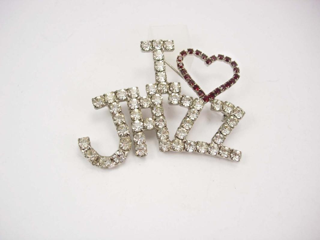 Vintage I LOVE Jazz Rhinestone Brooch huge stones Red and clear Music brooch