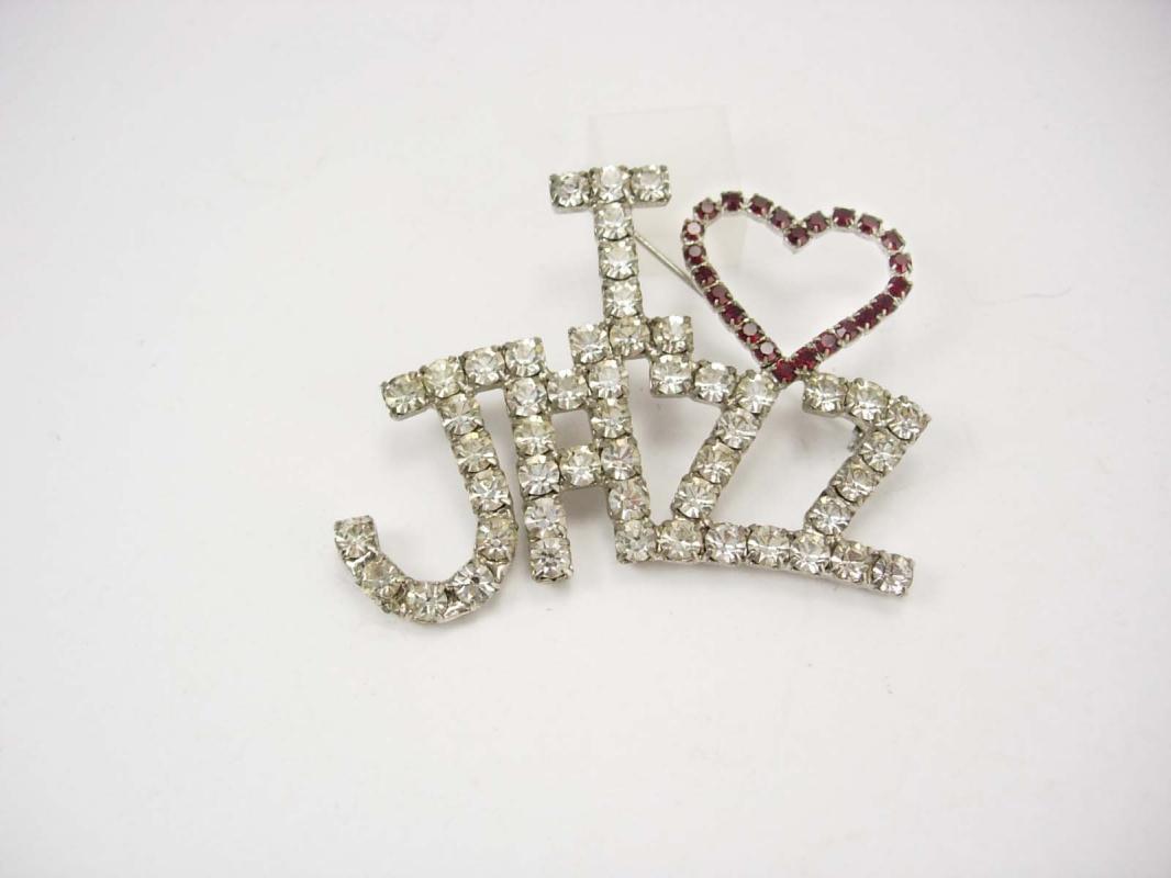 Vintage I LOVE Jazz Rhinestone Brooch huge stones Red and clear Music brooch