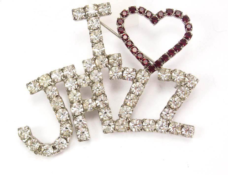 Vintage I LOVE Jazz Rhinestone Brooch huge stones Red and clear Music brooch