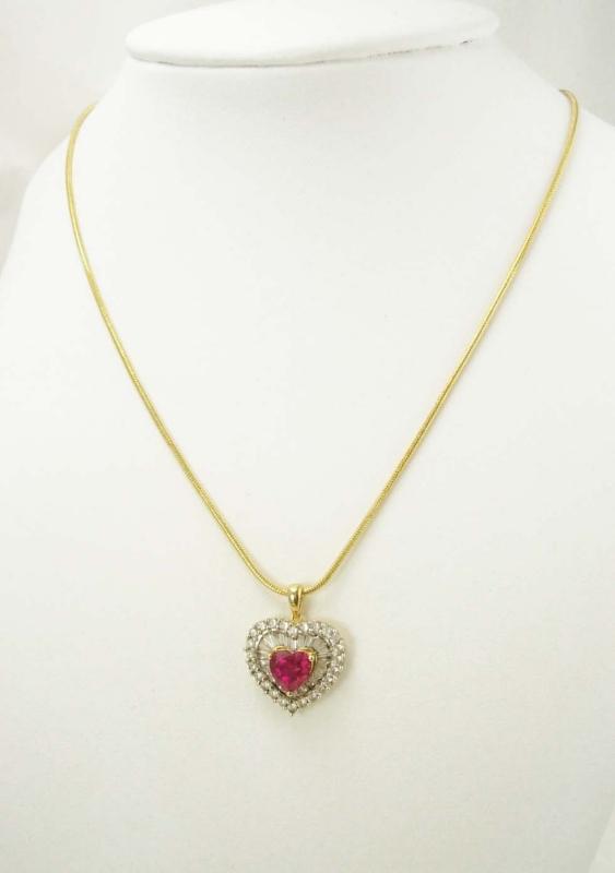 Gorgeous Vintage Ruby RHinestone pendant HEart with Baguettes necklace GOld sterling