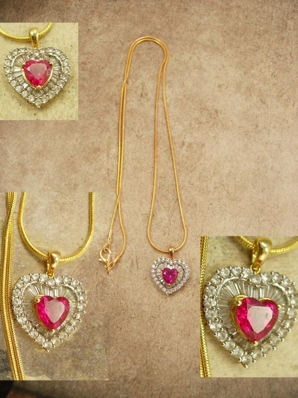 Gorgeous Vintage Ruby RHinestone pendant HEart with Baguettes necklace GOld sterling