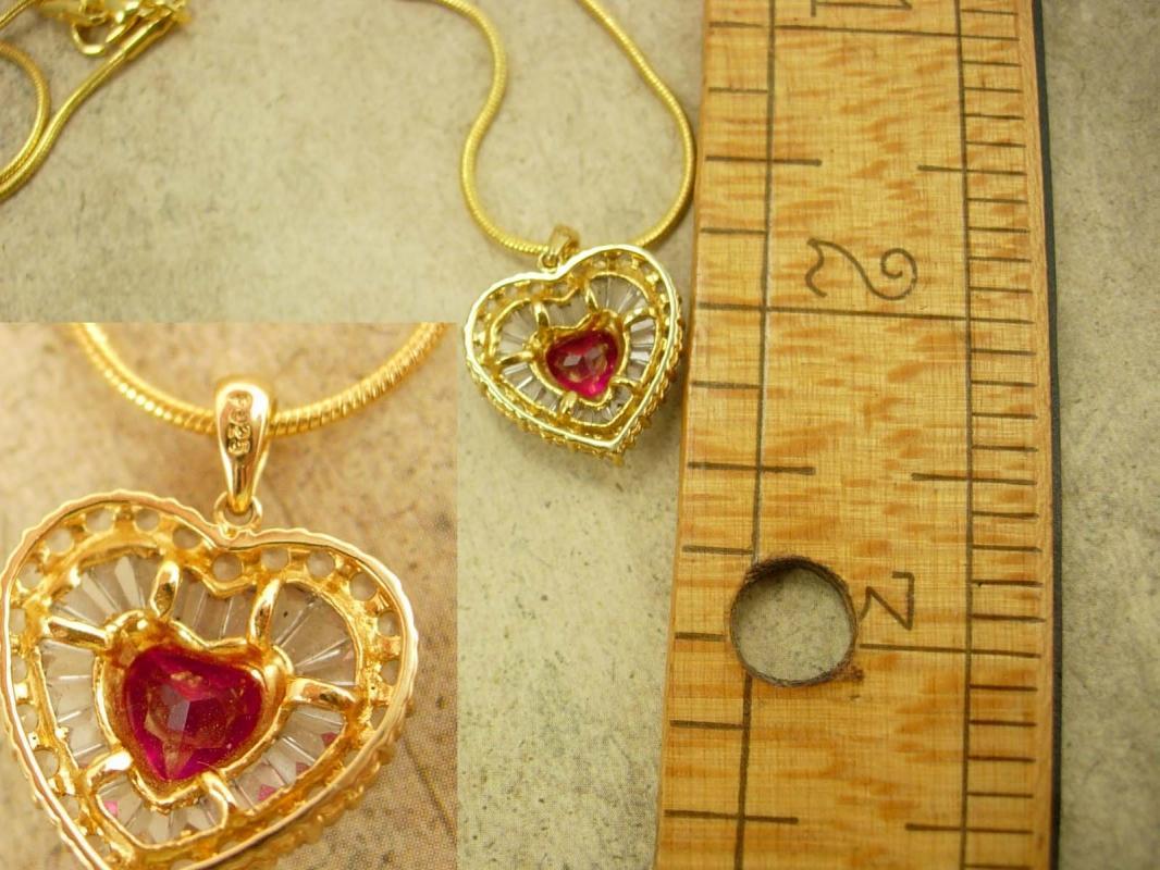 Gorgeous Vintage Ruby RHinestone pendant HEart with Baguettes necklace GOld sterling