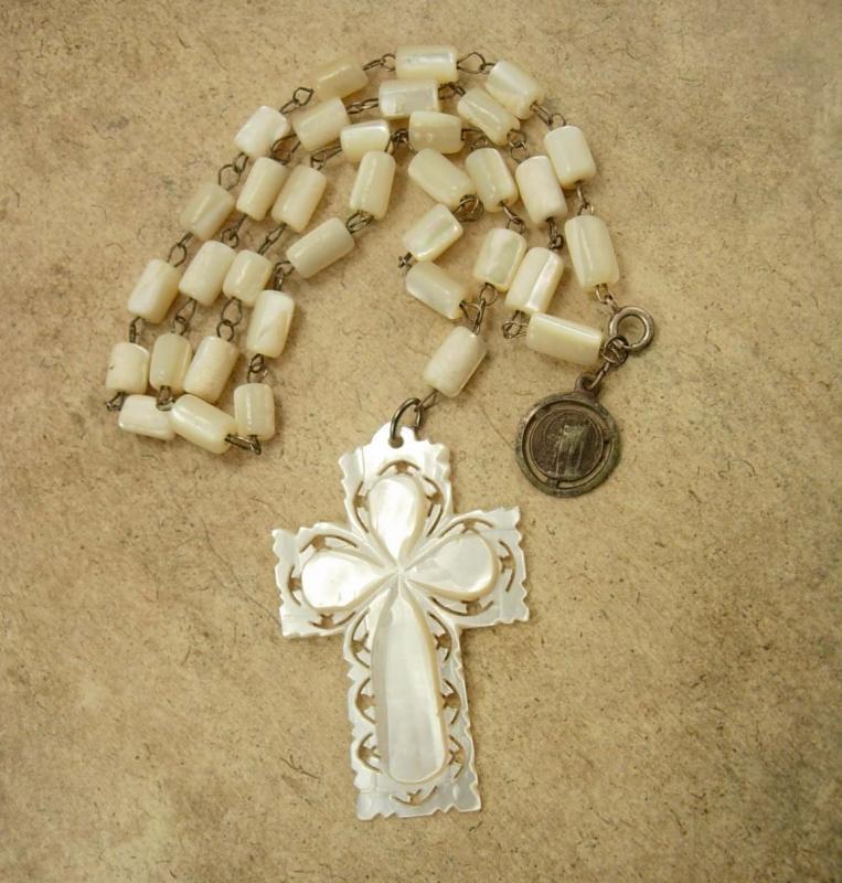 Vintage Mother of Pearl Rosary necklace Religious medals Sancta Francisca