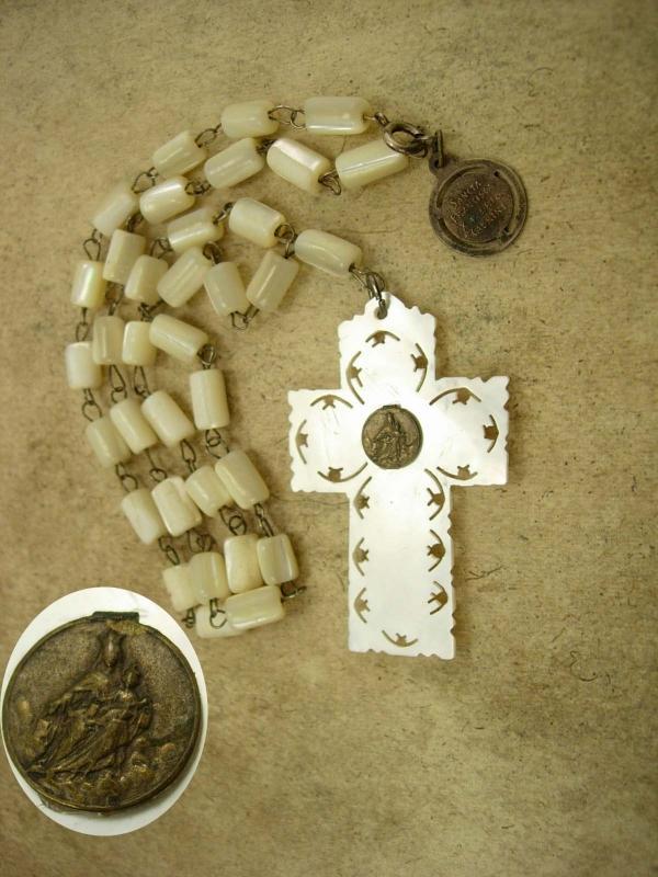Vintage Mother of Pearl Rosary necklace Religious medals Sancta Francisca