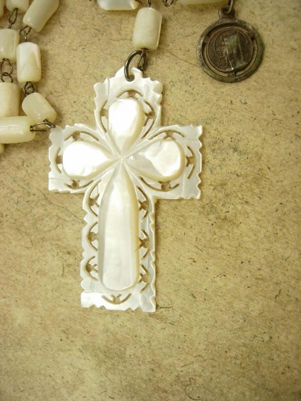 Vintage Mother of Pearl Rosary necklace Religious medals Sancta Francisca