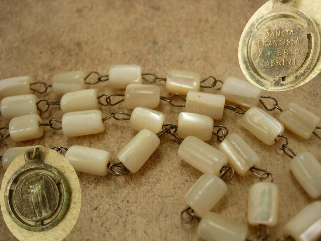 Vintage Mother of Pearl Rosary necklace Religious medals Sancta Francisca