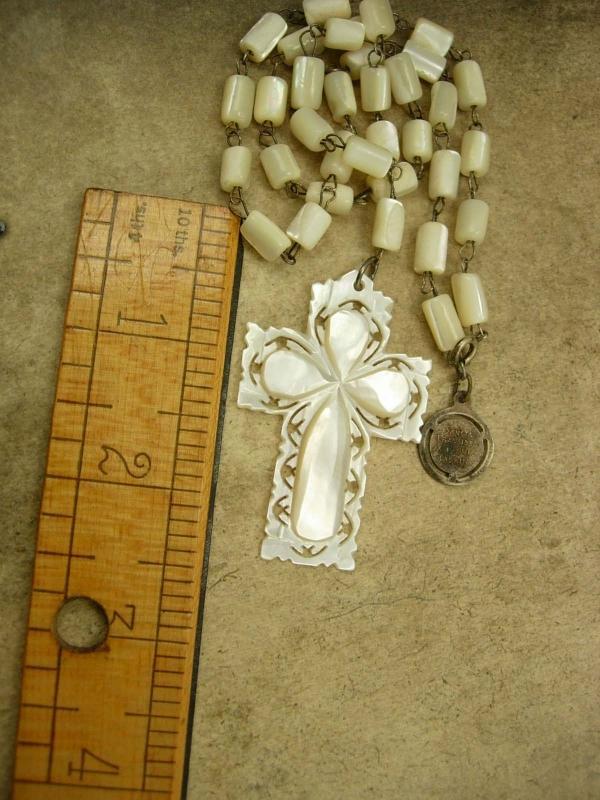 Vintage Mother of Pearl Rosary necklace Religious medals Sancta Francisca