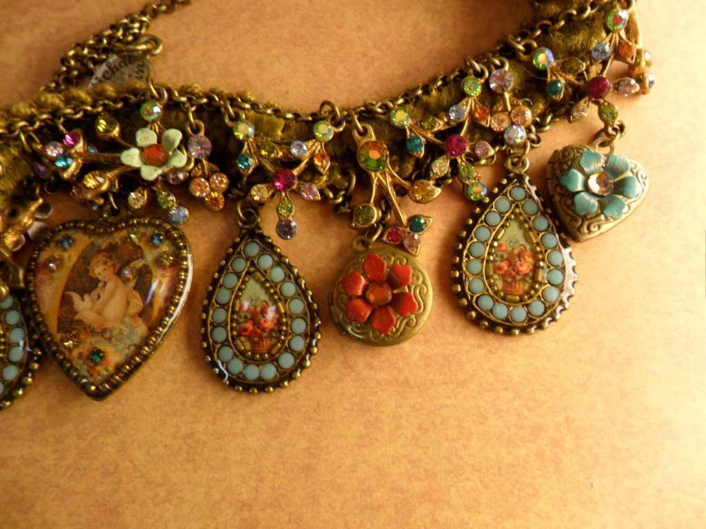 Vintage Michal Negrin necklace locket victorian angels charms Rhinestones