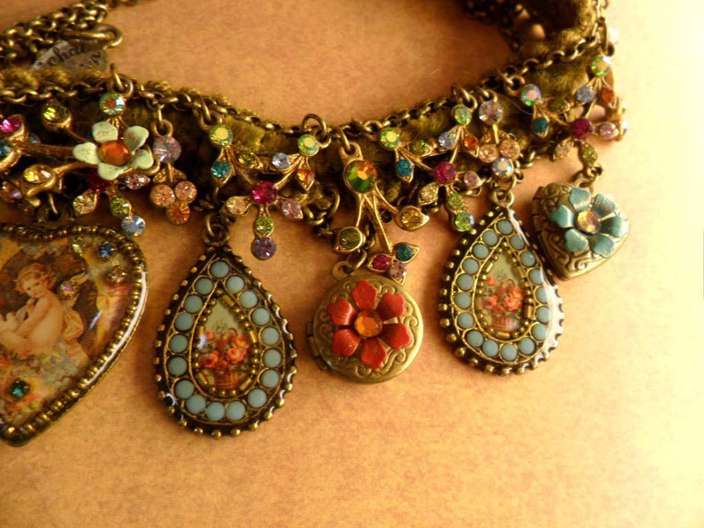Vintage Michal Negrin necklace locket victorian angels charms Rhinestones