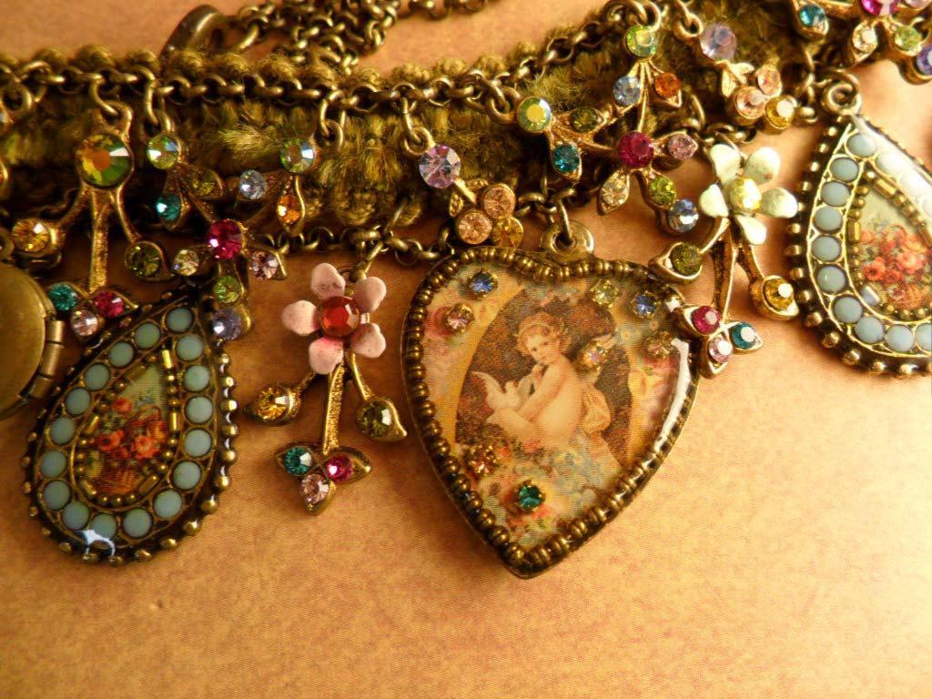 Vintage Michal Negrin necklace locket victorian angels charms Rhinestones