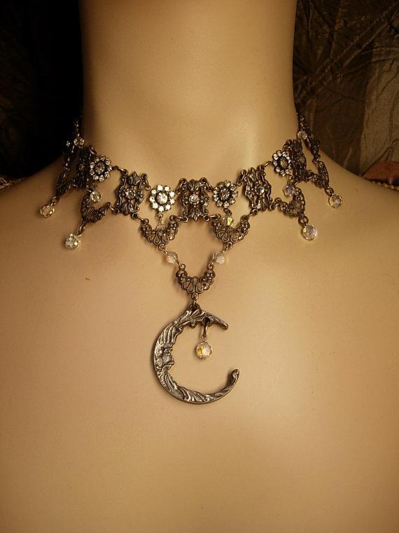 Mystical Moon Gothic necklace festoon glass and rhinestones with gunmetal drops