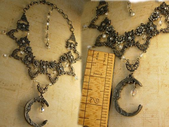 Mystical Moon Gothic necklace festoon glass and rhinestones with gunmetal drops