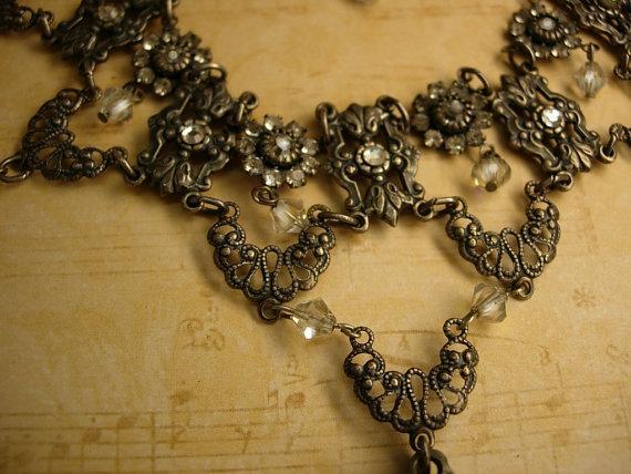 Mystical Moon Gothic necklace festoon glass and rhinestones with gunmetal drops