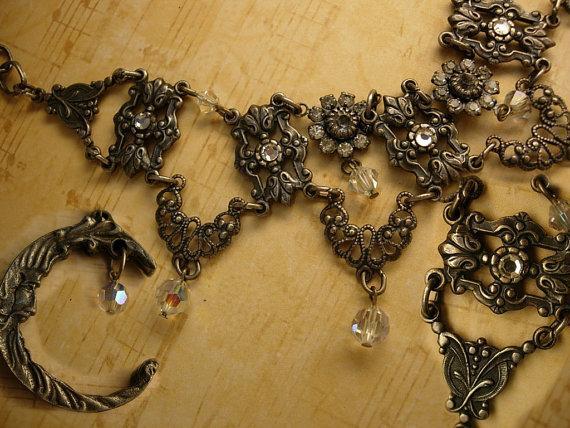 Mystical Moon Gothic necklace festoon glass and rhinestones with gunmetal drops