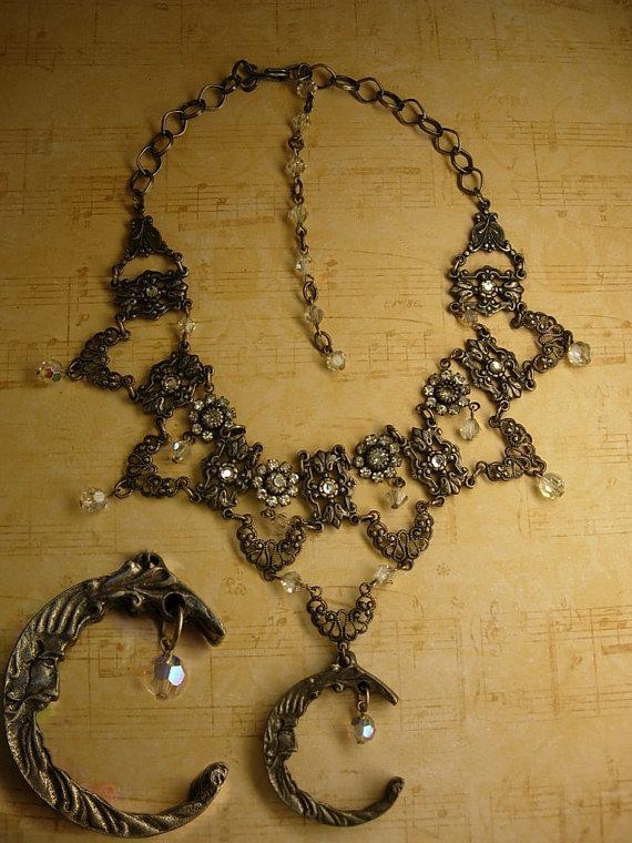 Mystical Moon Gothic necklace festoon glass and rhinestones with gunmetal drops