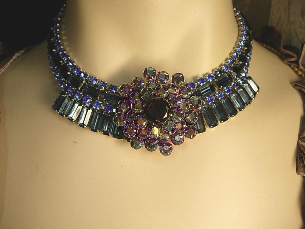 Vintage Rhinestone baguette Necklace BLUE glass aurora borealis statement necklace