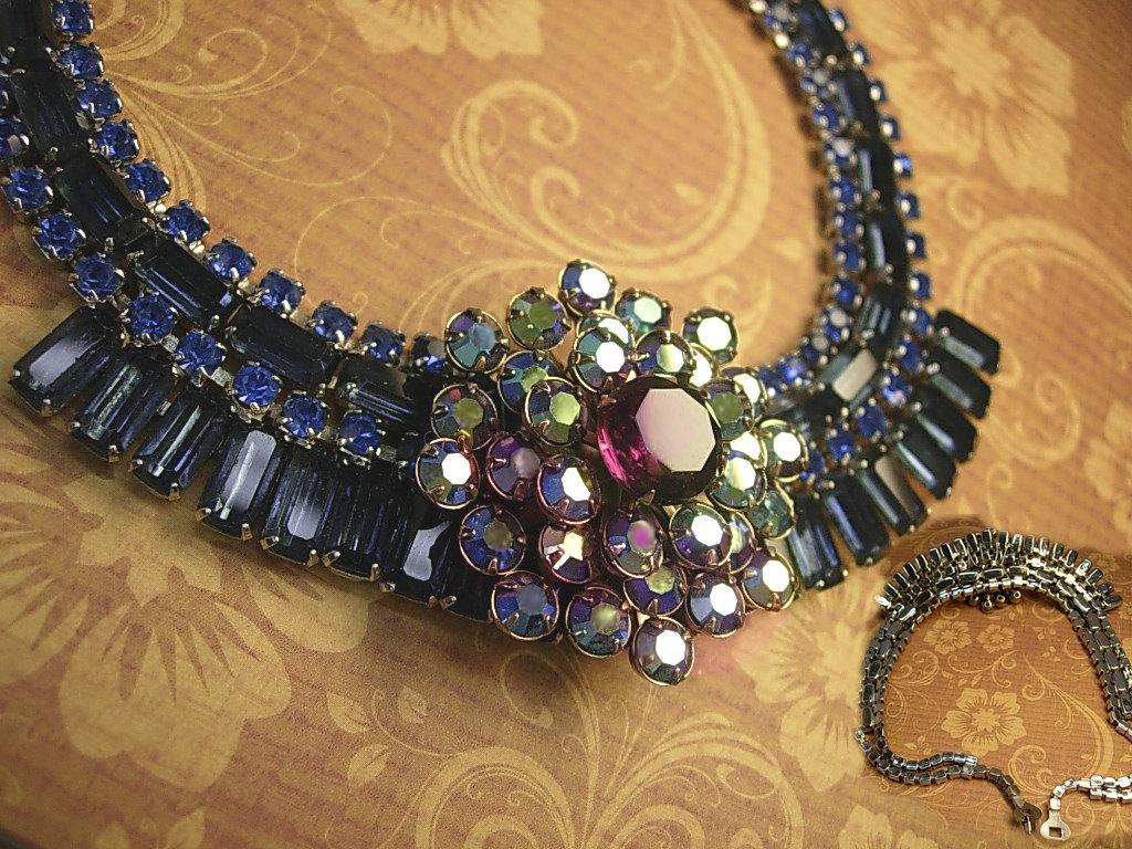 Vintage Rhinestone baguette Necklace BLUE glass aurora borealis statement necklace