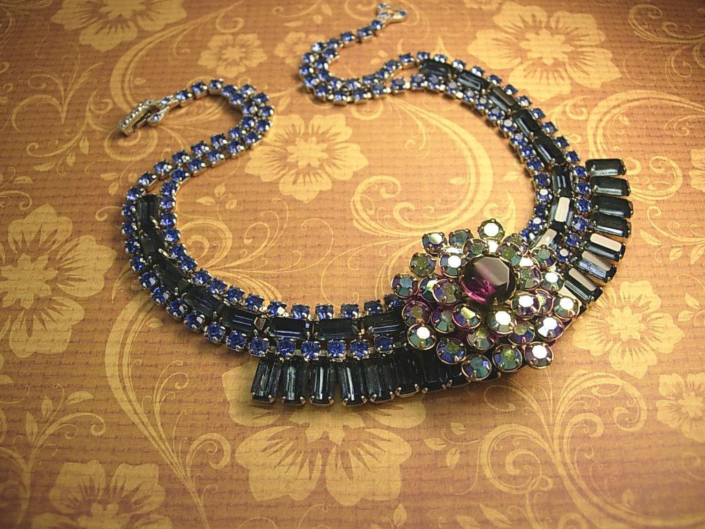 Vintage Rhinestone baguette Necklace BLUE glass aurora borealis statement necklace