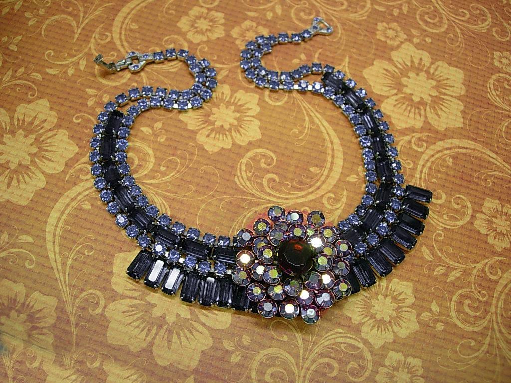 Vintage Rhinestone baguette Necklace BLUE glass aurora borealis statement necklace