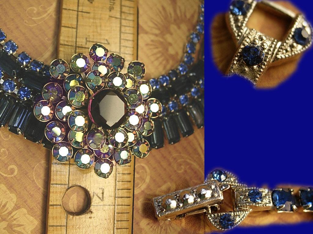 Vintage Rhinestone baguette Necklace BLUE glass aurora borealis statement necklace