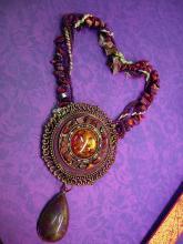 Huge Hippy Necklace textile & stone foiled glass earthy amber real stone pendant