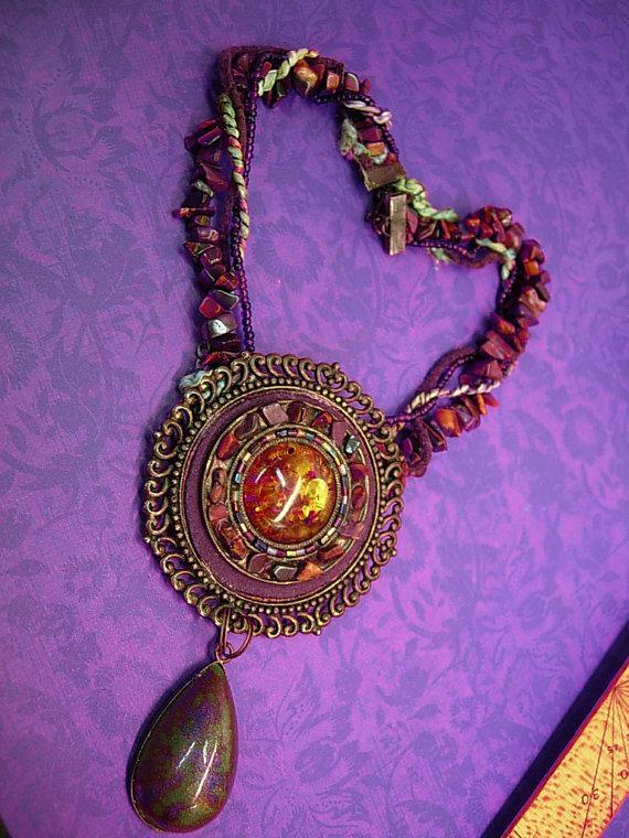 Huge Hippy Necklace textile & stone foiled glass earthy amber real stone pendant