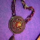 Huge Hippy Necklace textile & stone foiled glass earthy amber real stone pendant