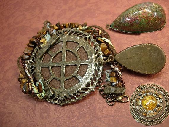 Huge Hippy Necklace textile & stone foiled glass earthy amber real stone pendant