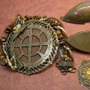 Huge Hippy Necklace textile & stone foiled glass earthy amber real stone pendant