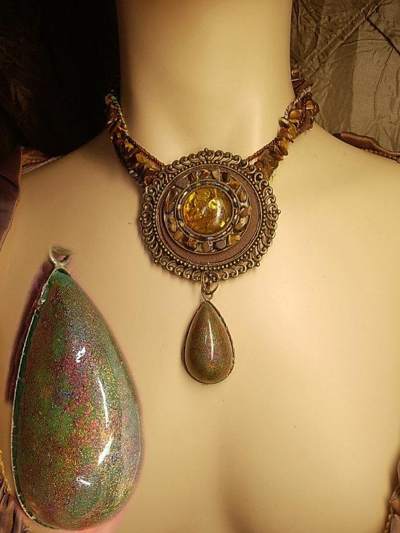 Huge Hippy Necklace textile & stone foiled glass earthy amber real stone pendant