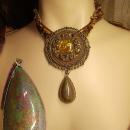 Huge Hippy Necklace textile & stone foiled glass earthy amber real stone pendant
