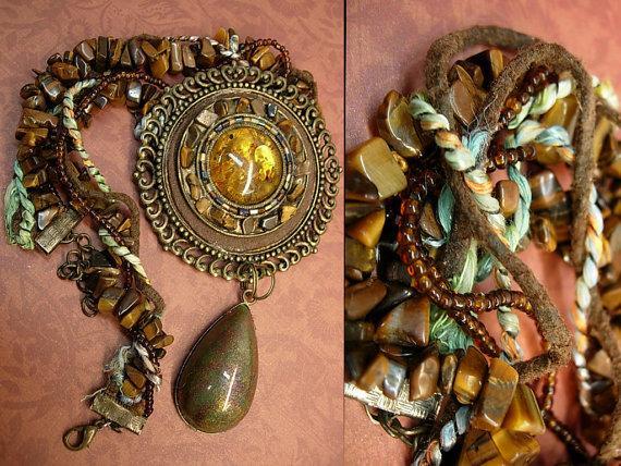 Huge Hippy Necklace textile & stone foiled glass earthy amber real stone pendant