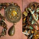 Huge Hippy Necklace textile & stone foiled glass earthy amber real stone pendant