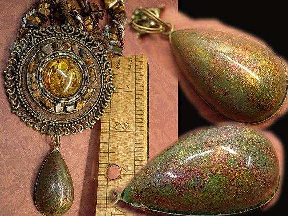Huge Hippy Necklace textile & stone foiled glass earthy amber real stone pendant