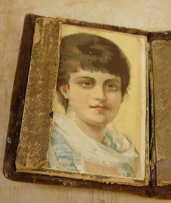 Minitaure Antique Sewing box kit 18th century with portrait inside and original egg eyed needles