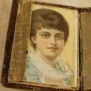 Minitaure Antique Sewing box kit 18th century with portrait inside and original egg eyed needles