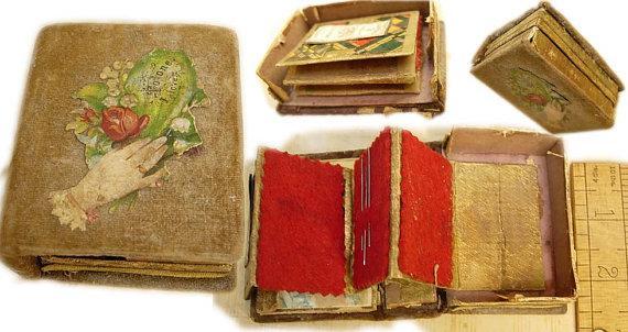 Minitaure Antique Sewing box kit 18th century with portrait inside and original egg eyed needles