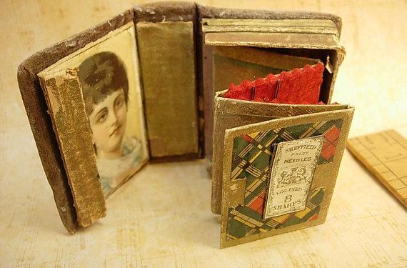 Minitaure Antique Sewing box kit 18th century with portrait inside and original egg eyed needles